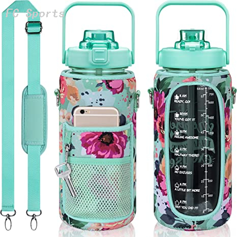 Half Gallon Water Bottle with Sleeve 64 OZ Motivational Water Bottle with Straw & Time Marker To Drink Leakproof Tritan BPA Free