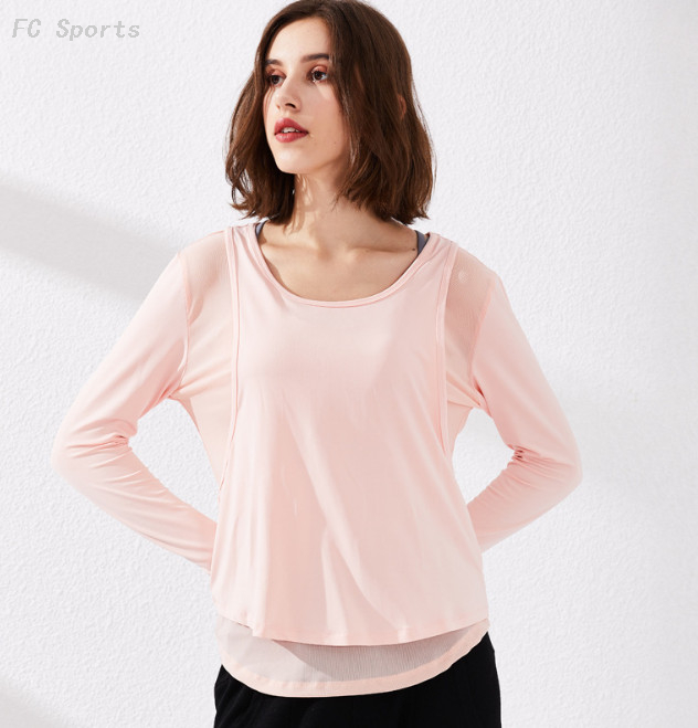 Quick-drying loose mesh fake two-piece yoga long-sleeved women breathable running sports fitness top